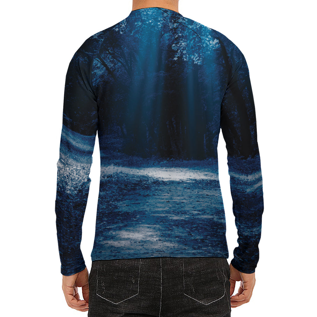 Night Forest And Moonlight Print Men's Long Sleeve Rash Guard