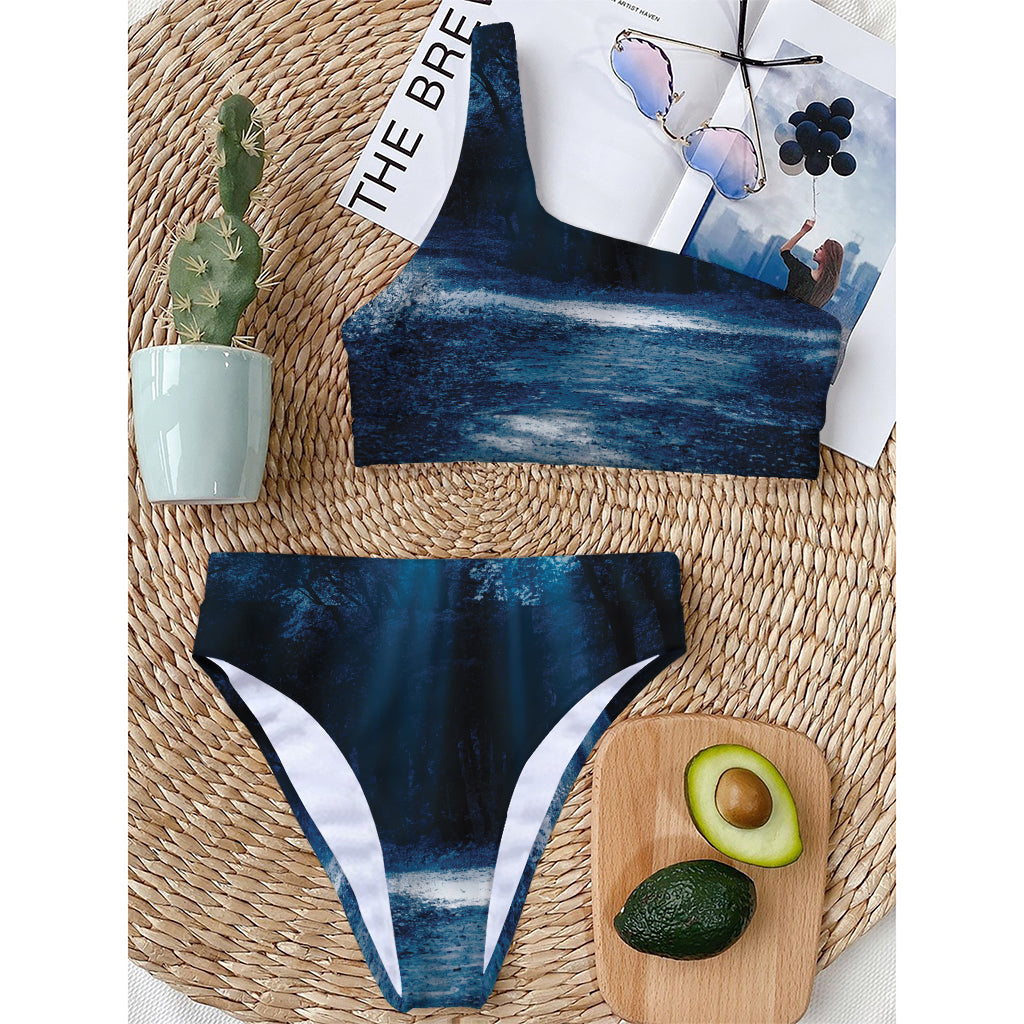 Night Forest And Moonlight Print One Shoulder Bikini Top