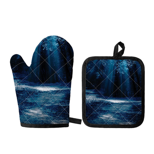 Night Forest And Moonlight Print Oven Mitt And Pot Holder Set