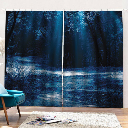 Night Forest And Moonlight Print Pencil Pleat Curtains