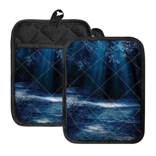Night Forest And Moonlight Print Pot Holders With Pocket