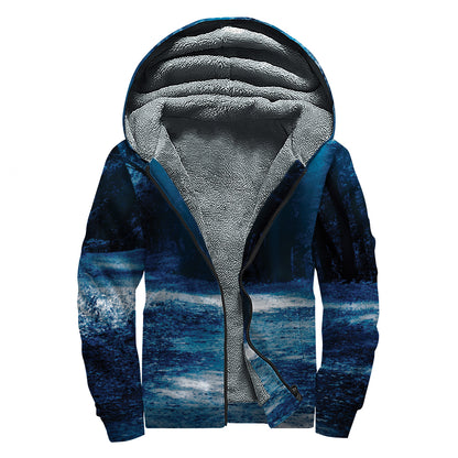 Night Forest And Moonlight Print Sherpa Lined Zip Up Hoodie