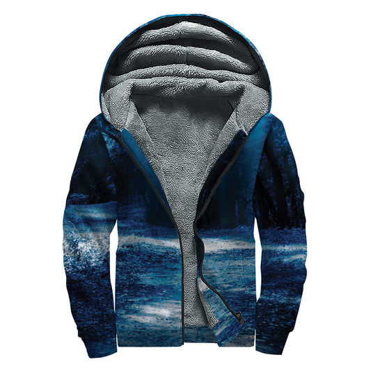 Night Forest And Moonlight Print Sherpa Lined Zip Up Hoodie