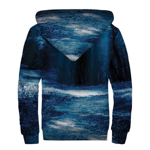 Night Forest And Moonlight Print Sherpa Lined Zip Up Hoodie