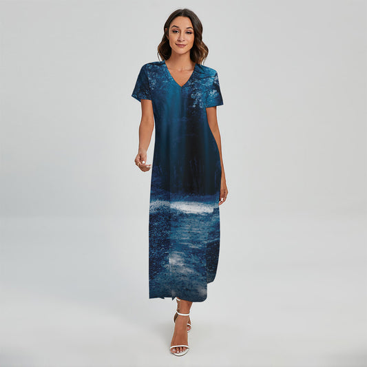 Night Forest And Moonlight Print Short Sleeve Maxi Dress
