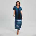 Night Forest And Moonlight Print Short Sleeve Maxi Dress