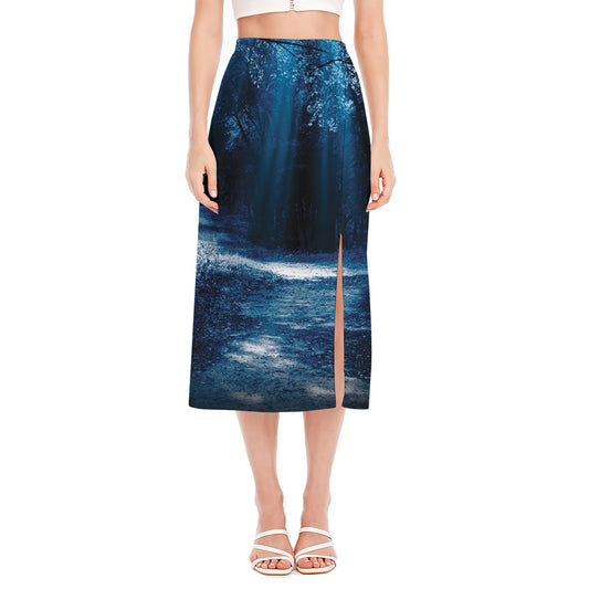 Night Forest And Moonlight Print Side Slit Midi Skirt