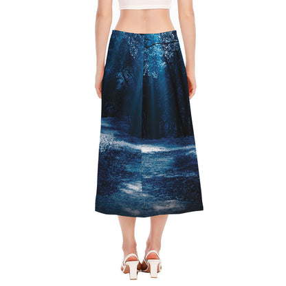 Night Forest And Moonlight Print Side Slit Midi Skirt