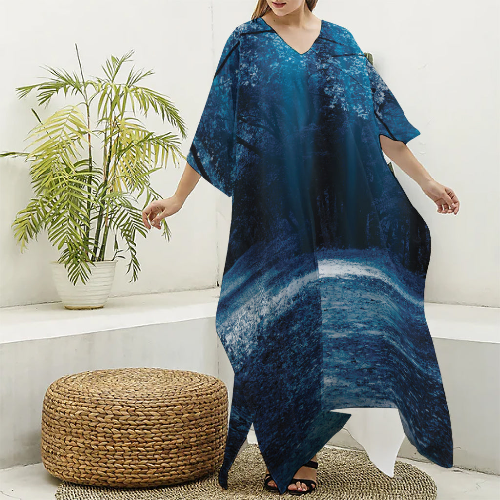 Night Forest And Moonlight Print Silk V-Neck Kaftan Dress