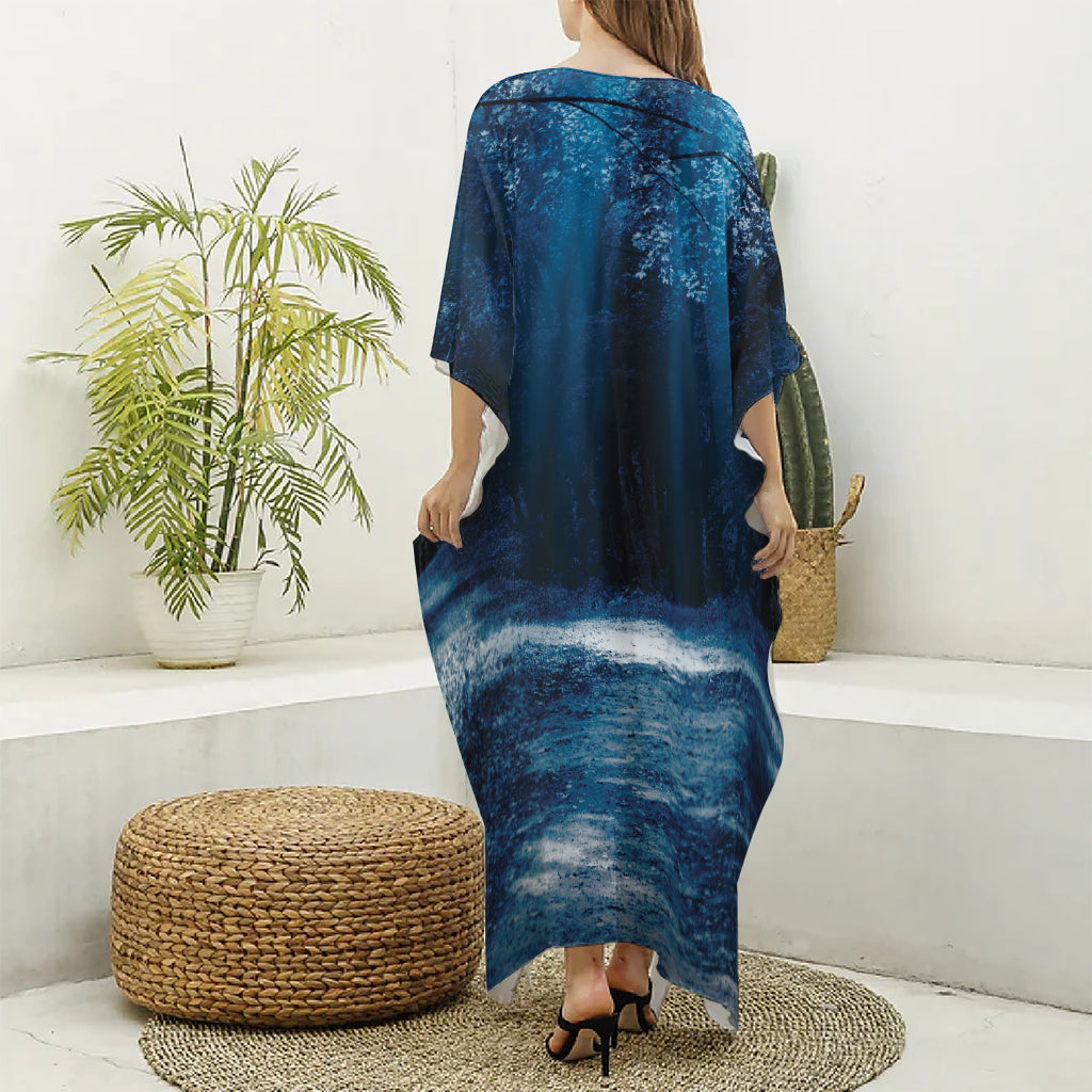 Night Forest And Moonlight Print Silk V-Neck Kaftan Dress