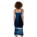 Night Forest And Moonlight Print Slim Fit Midi Cami Dress