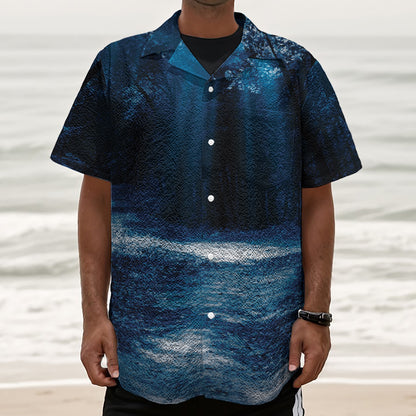 Night Forest And Moonlight Print Textured Short Sleeve Shirt