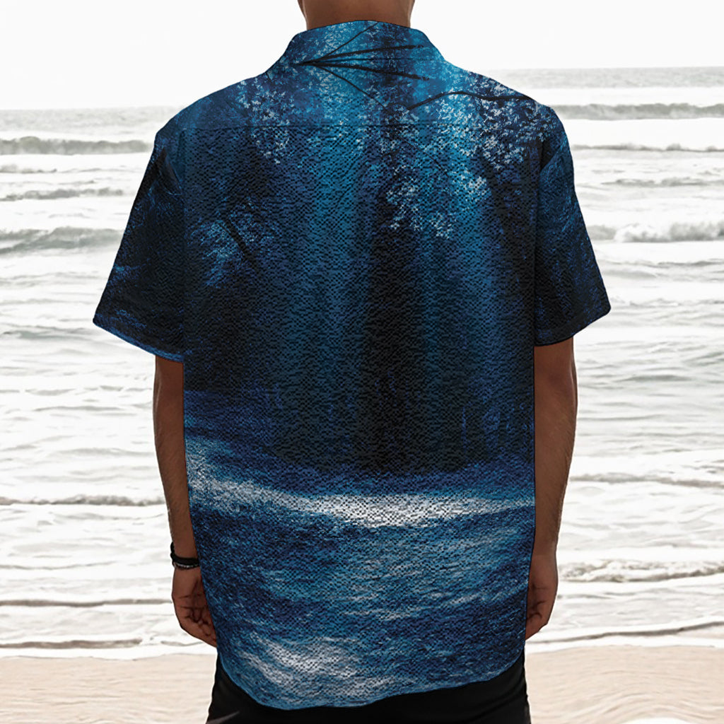 Night Forest And Moonlight Print Textured Short Sleeve Shirt