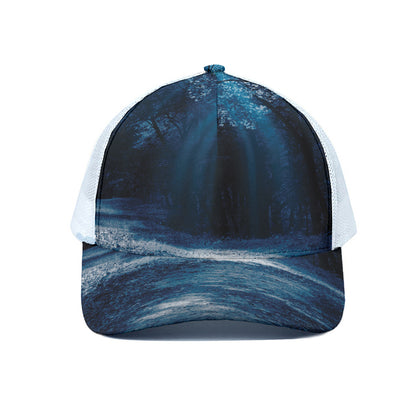Night Forest And Moonlight Print White Mesh Trucker Cap