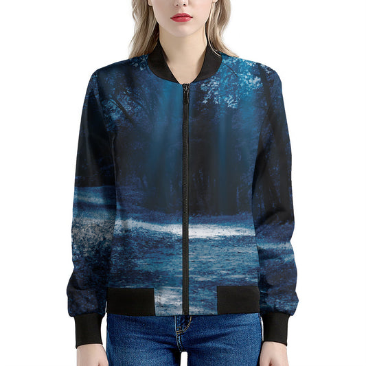 Night Forest And Moonlight Print Women's Bomber Jacket