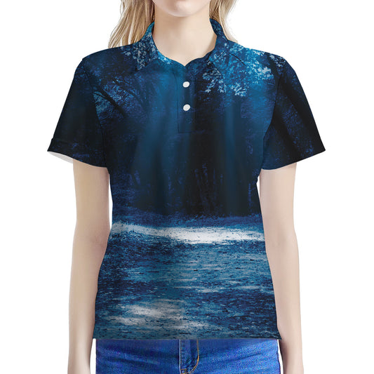 Night Forest And Moonlight Print Women's Polo Shirt