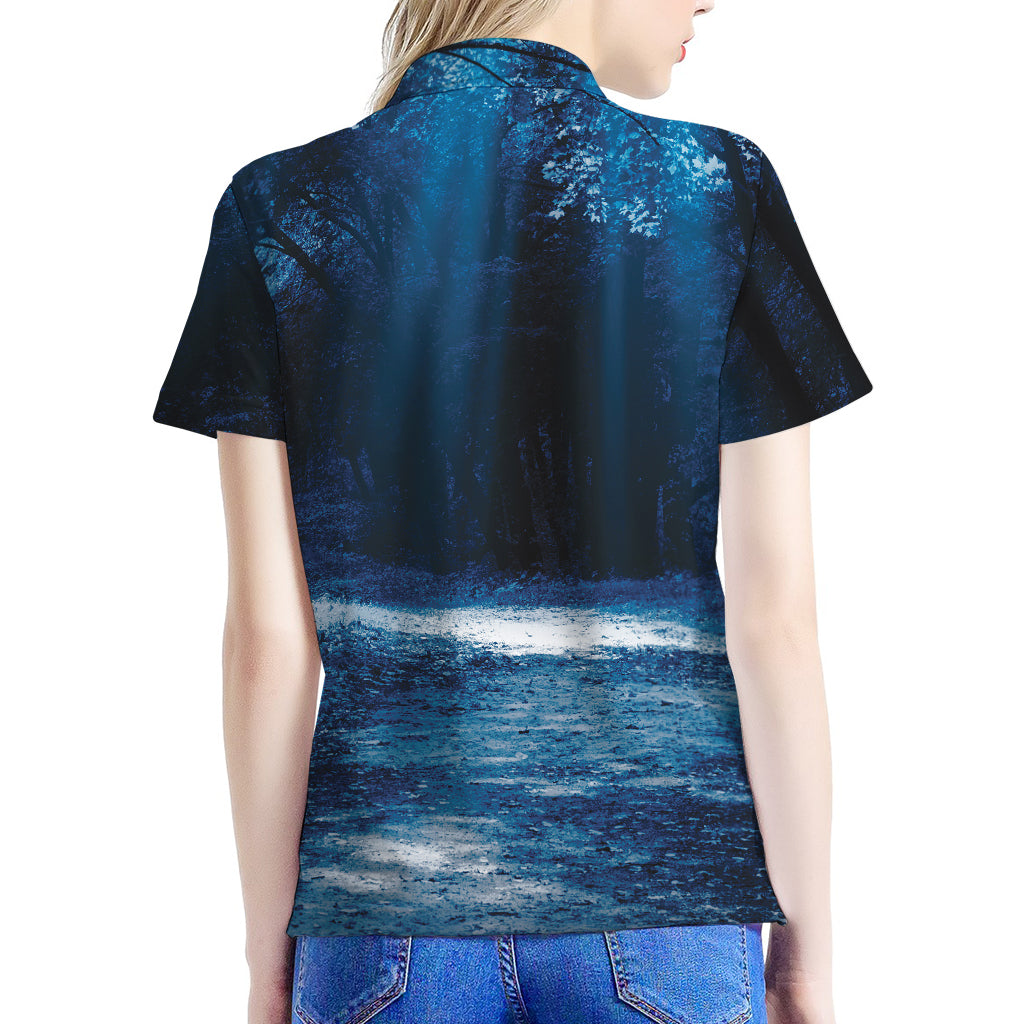 Night Forest And Moonlight Print Women's Polo Shirt