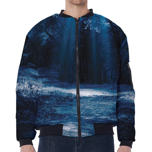 Night Forest And Moonlight Print Zip Sleeve Bomber Jacket