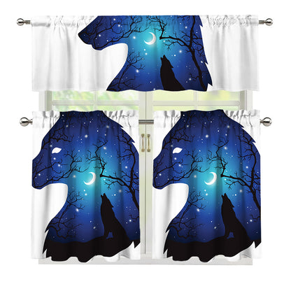 Night Forest Wolf Spirit Print 3 Piece Kitchen Curtains