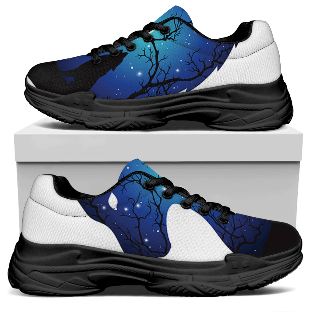 Night Forest Wolf Spirit Print Black Chunky Shoes