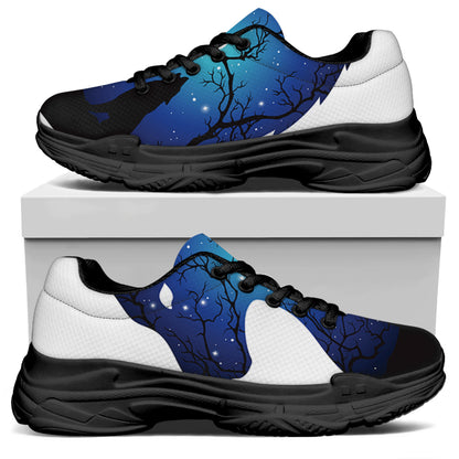 Night Forest Wolf Spirit Print Black Chunky Shoes
