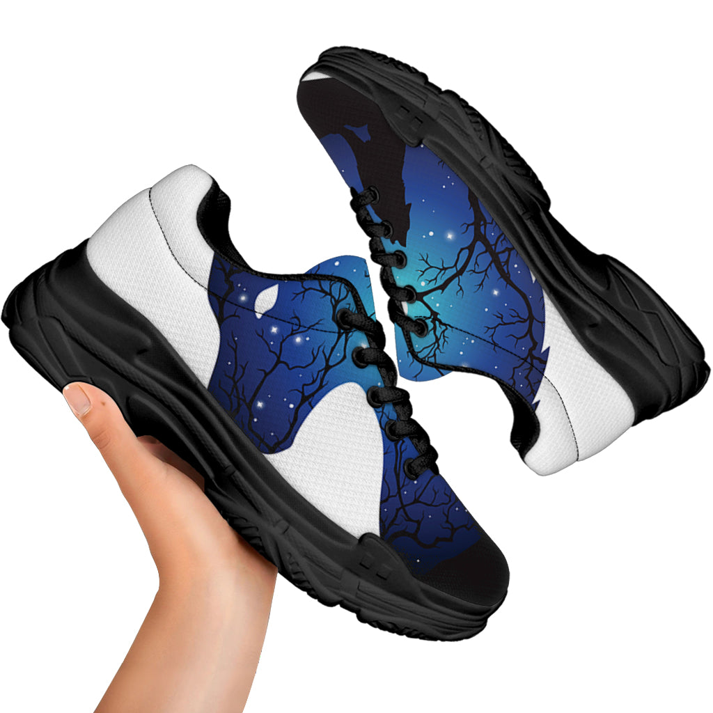 Night Forest Wolf Spirit Print Black Chunky Shoes