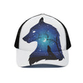 Night Forest Wolf Spirit Print Black Mesh Trucker Hat