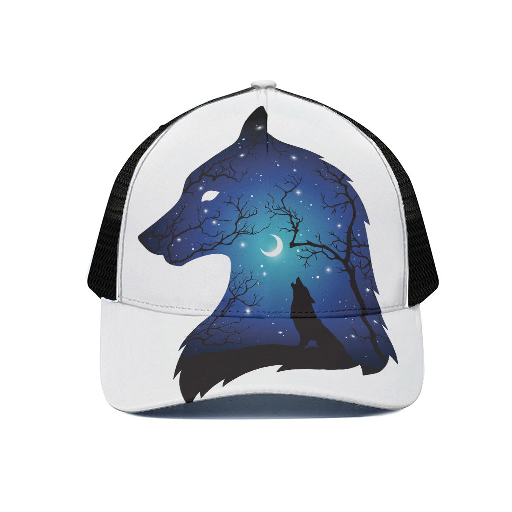 Night Forest Wolf Spirit Print Black Mesh Trucker Cap