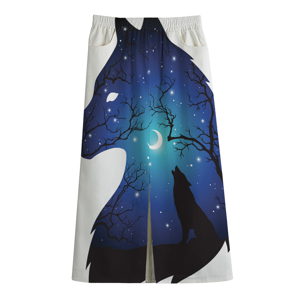 Night Forest Wolf Spirit Print Cotton Front Slit Maxi Skirt