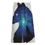 Night Forest Wolf Spirit Print Cotton Front Slit Maxi Skirt