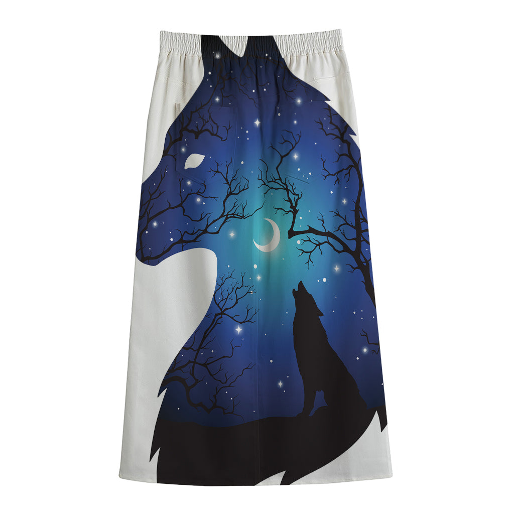 Night Forest Wolf Spirit Print Cotton Front Slit Maxi Skirt