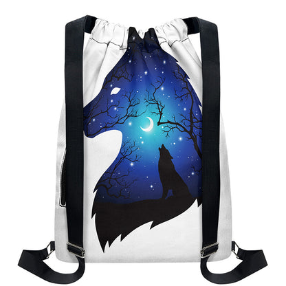 Night Forest Wolf Spirit Print Drawstring Backpack