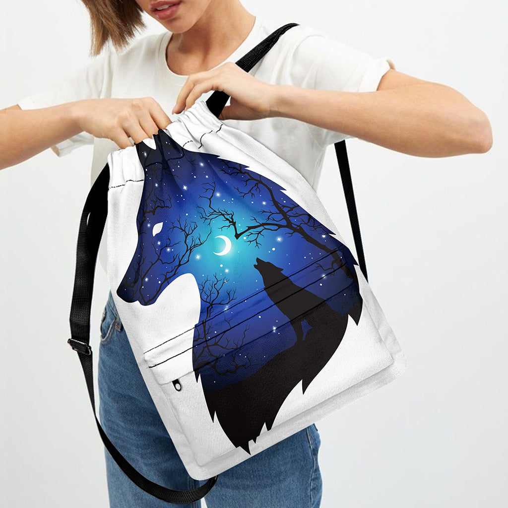 Night Forest Wolf Spirit Print Drawstring Backpack