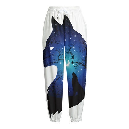 Night Forest Wolf Spirit Print Fleece Lined Knit Pants