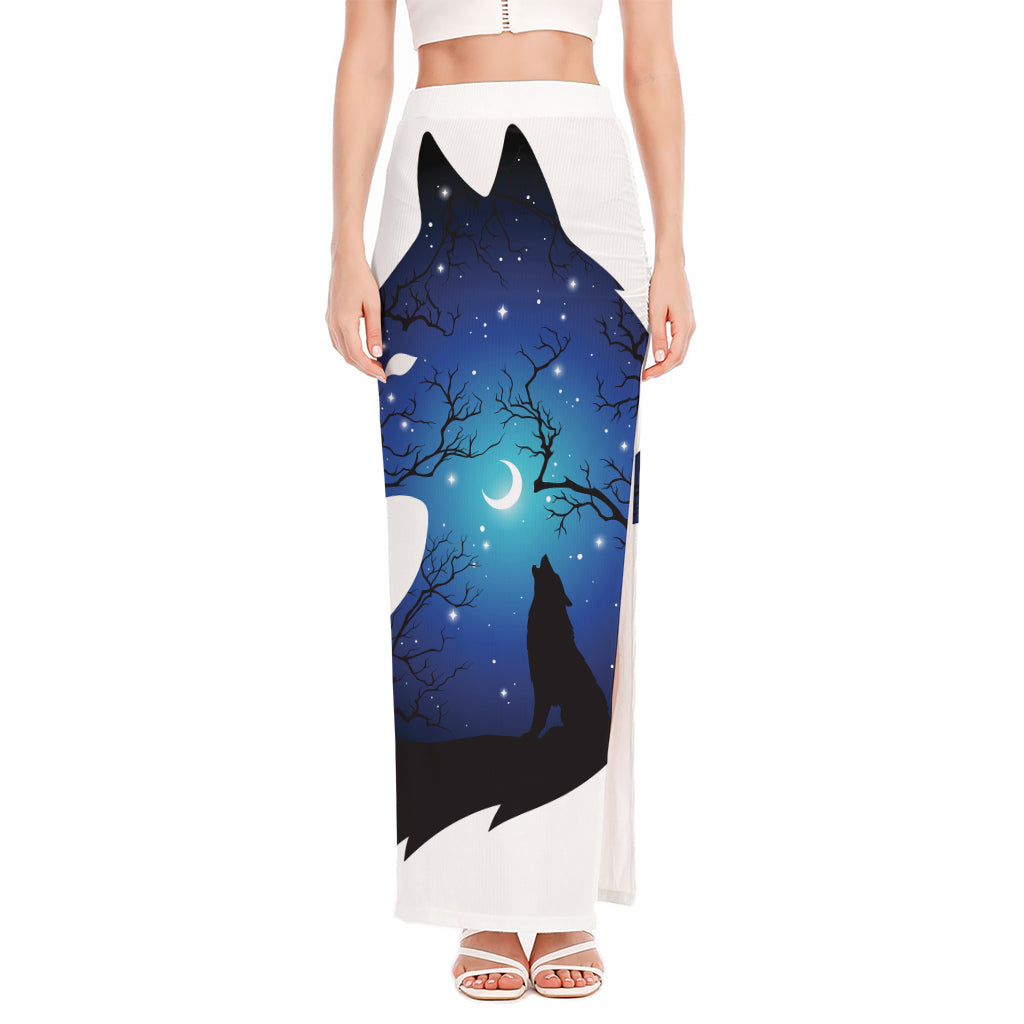 Night Forest Wolf Spirit Print High Slit Maxi Skirt
