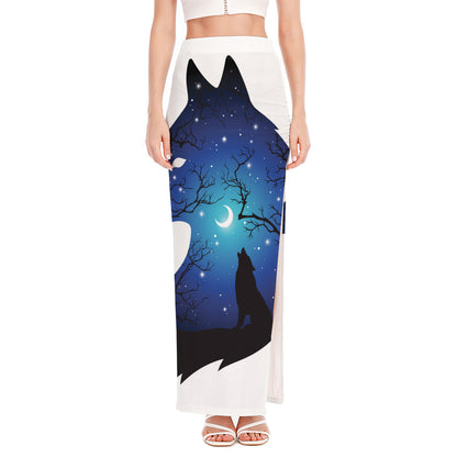 Night Forest Wolf Spirit Print High Slit Maxi Skirt