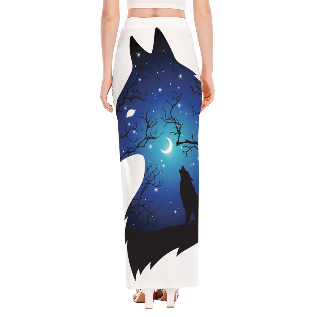 Night Forest Wolf Spirit Print High Slit Maxi Skirt