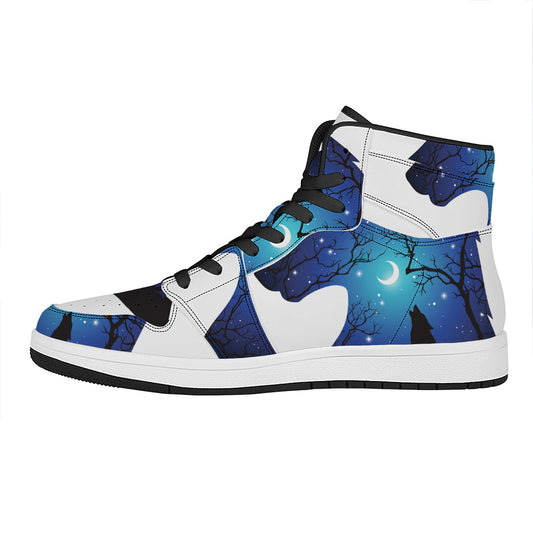 Night Forest Wolf Spirit Print High Top Leather Sneakers