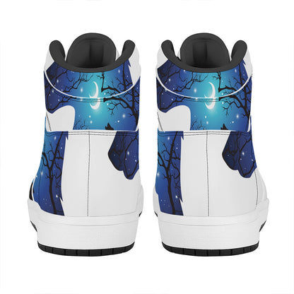 Night Forest Wolf Spirit Print High Top Leather Sneakers