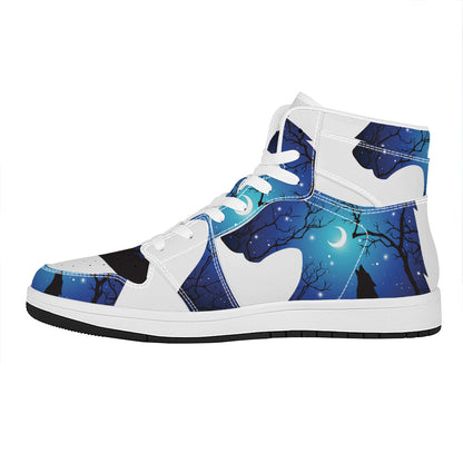 Night Forest Wolf Spirit Print High Top Leather Sneakers