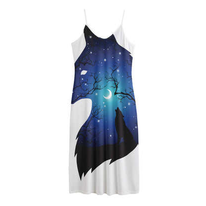 Night Forest Wolf Spirit Print Jersey Midi Cami Dress