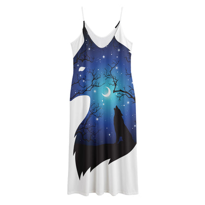 Night Forest Wolf Spirit Print Jersey Midi Cami Dress