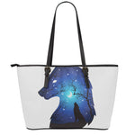 Night Forest Wolf Spirit Print Leather Tote Bag