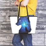 Night Forest Wolf Spirit Print Leather Tote Bag