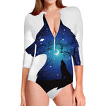 Night Forest Wolf Spirit Print Long Sleeve Swimsuit