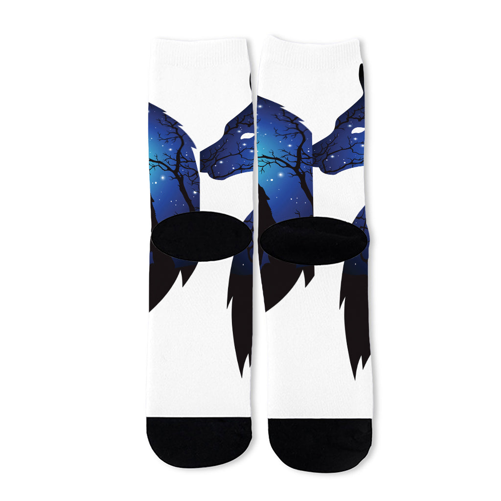Night Forest Wolf Spirit Print Long Socks