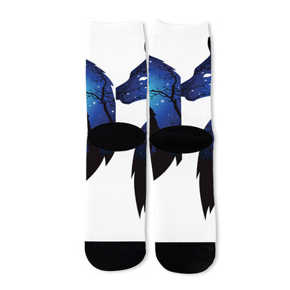 Night Forest Wolf Spirit Print Long Socks