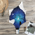 Night Forest Wolf Spirit Print One Shoulder Bodysuit
