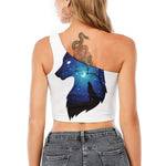 Night Forest Wolf Spirit Print One Shoulder Crop Top
