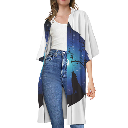 Night Forest Wolf Spirit Print Open Front Beach Cover Up